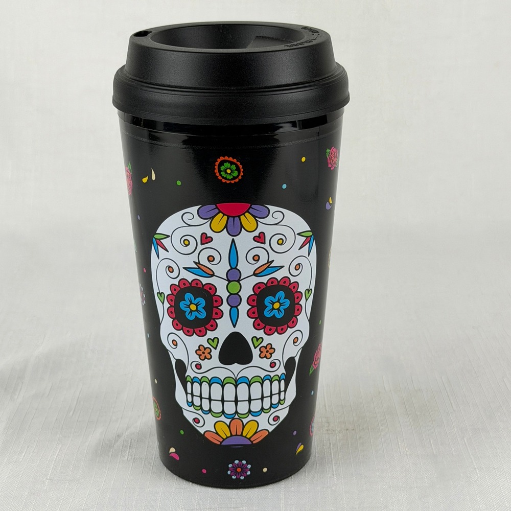 Greenbrier International Travel Tumbler Black Sugar Skull Day of the Dead Cup
